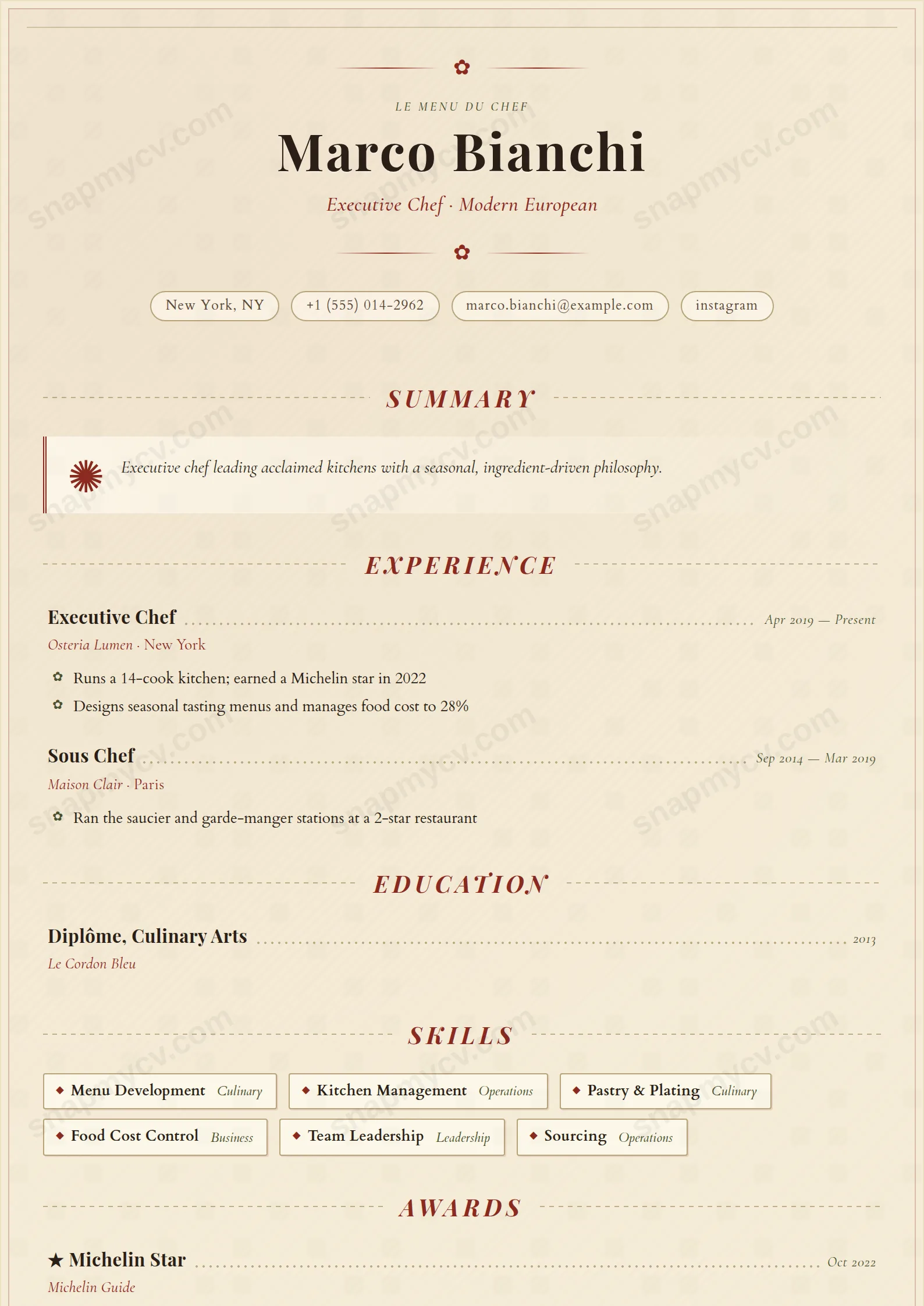 Chef de Cuisine CV template preview