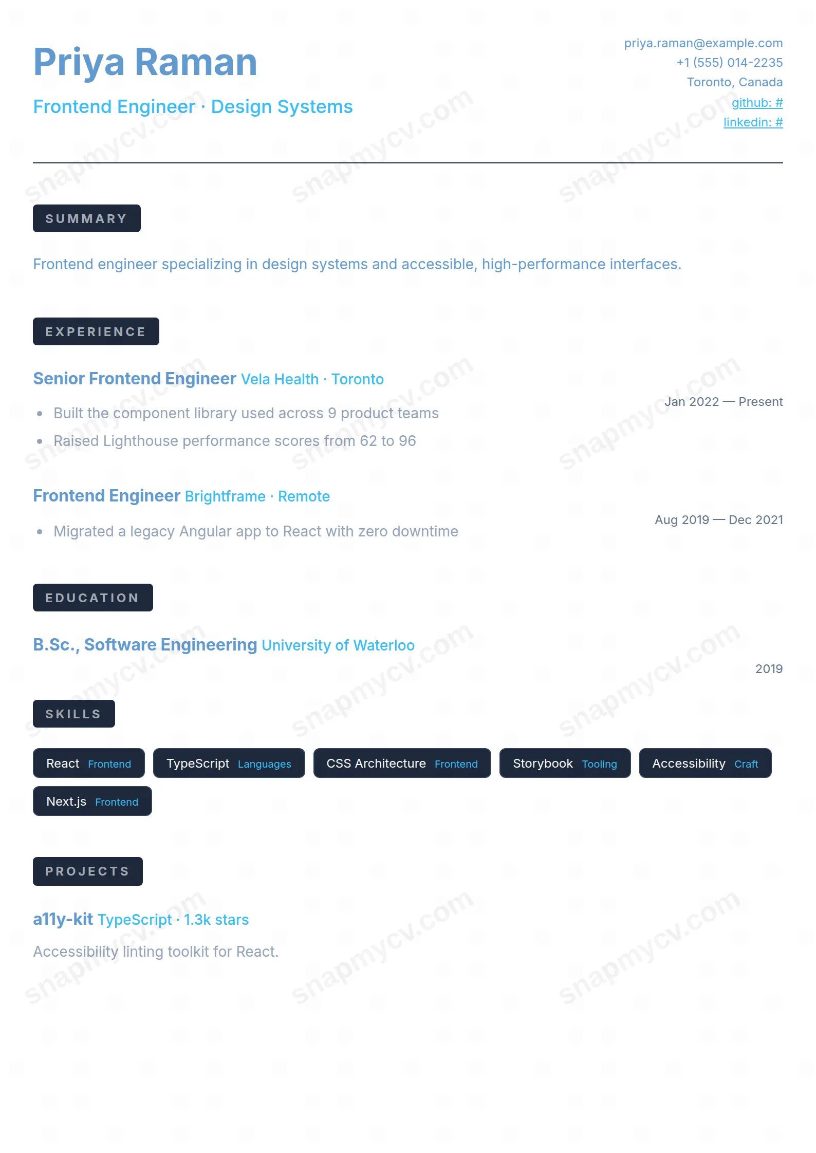 Dark Mode CV template preview