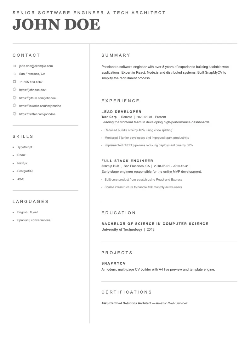 Executive Mono CV template preview