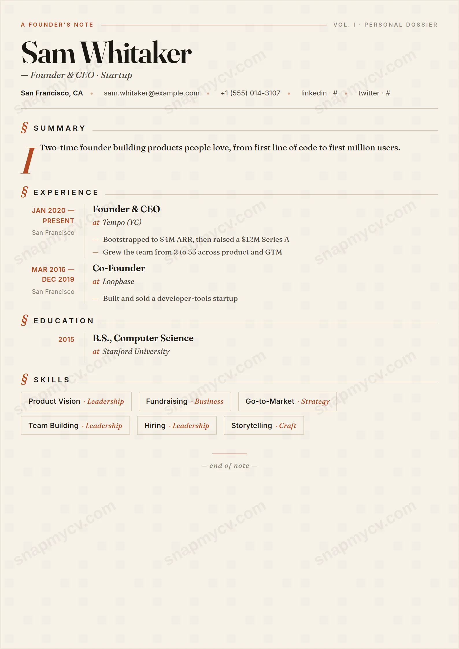Founder Note CV template preview