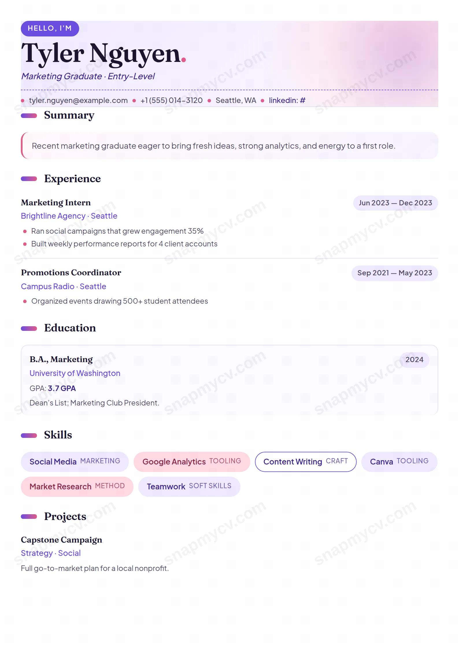 Fresh Grad CV template preview