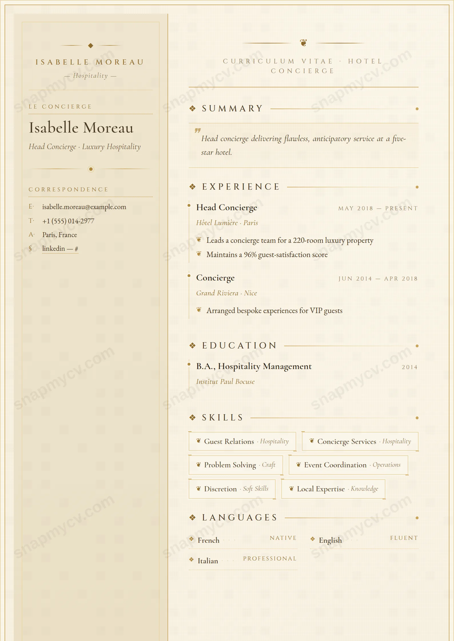 Hotel Concierge CV template preview