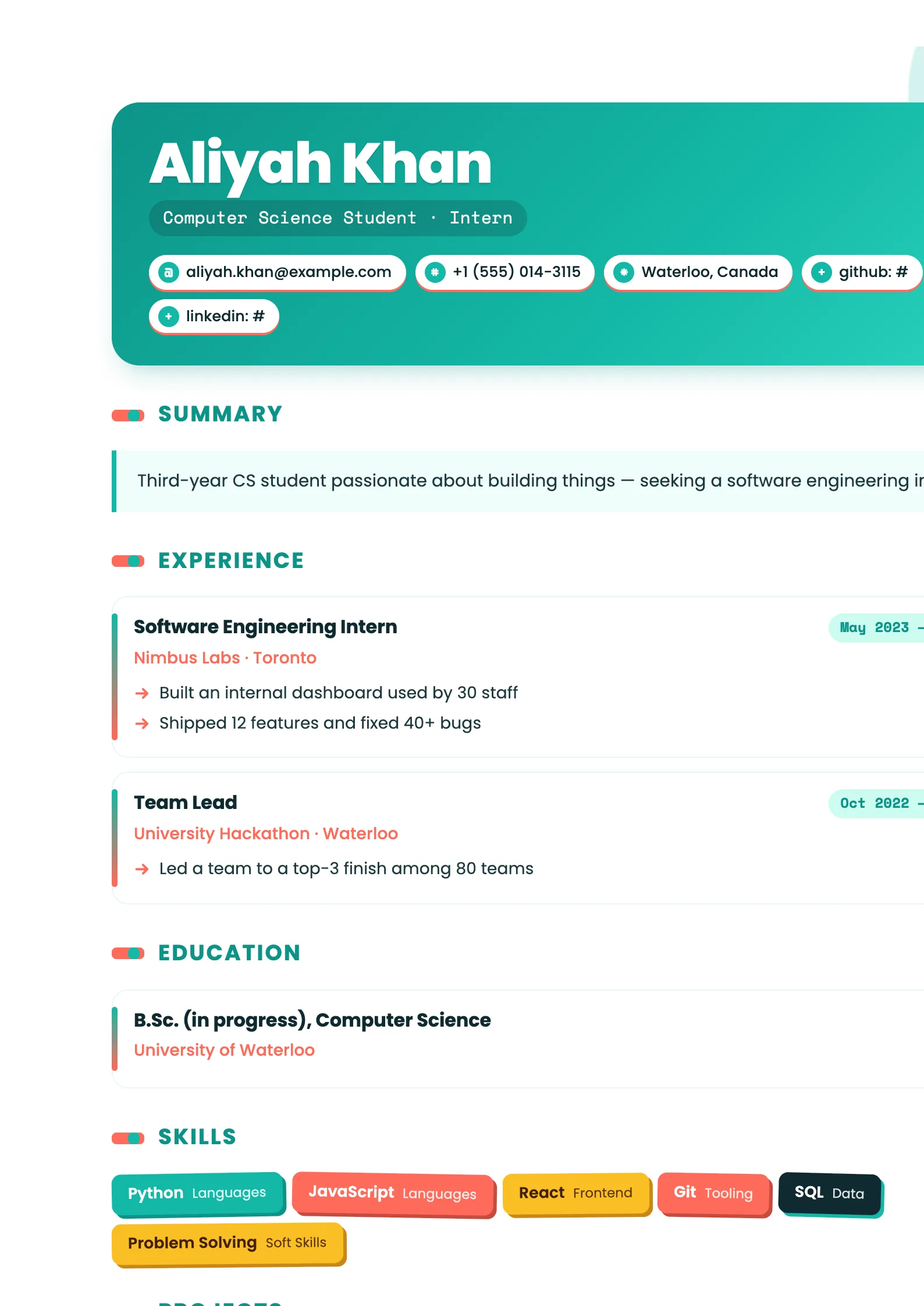 Intern Energy CV template