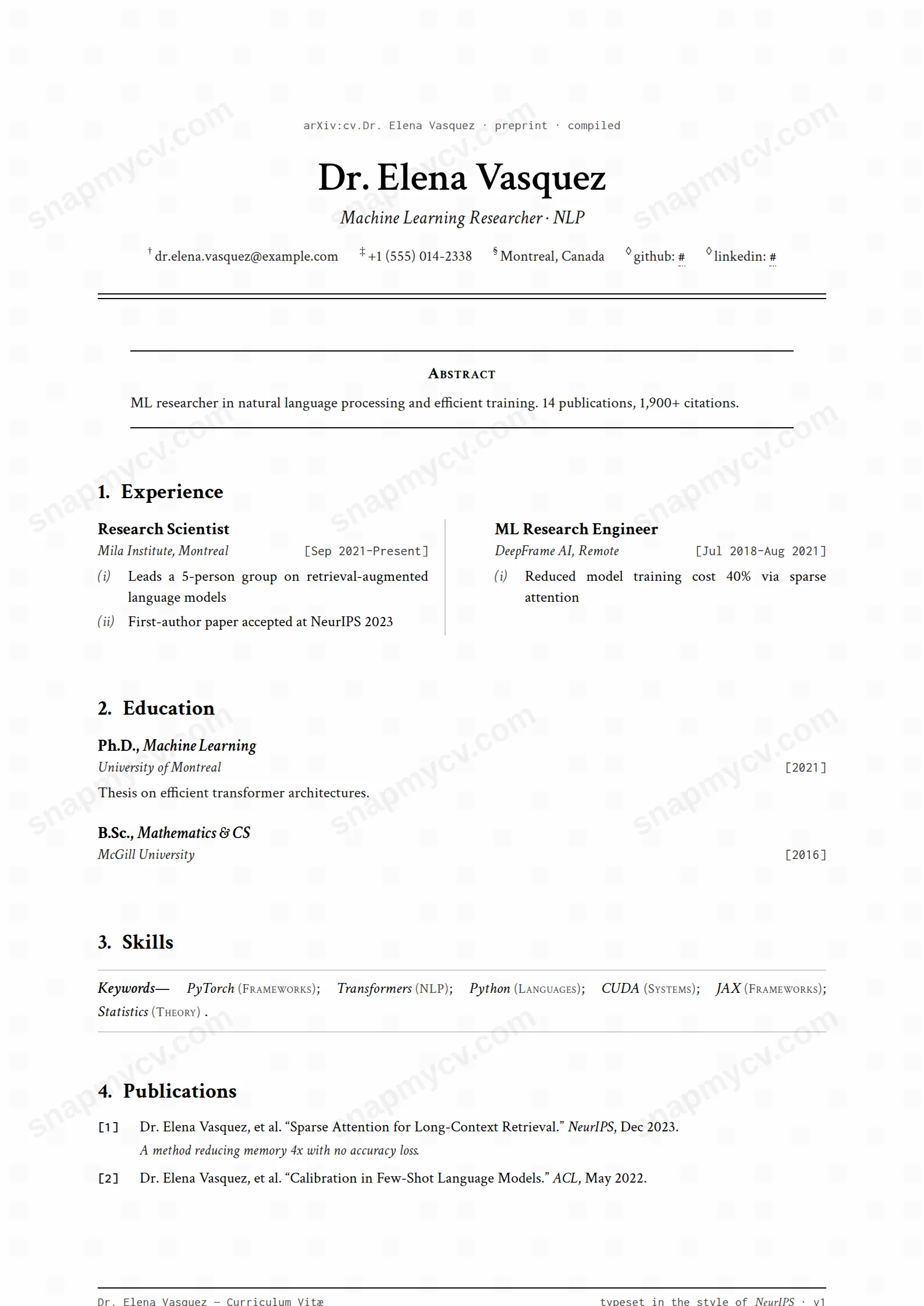ML Researcher CV template preview
