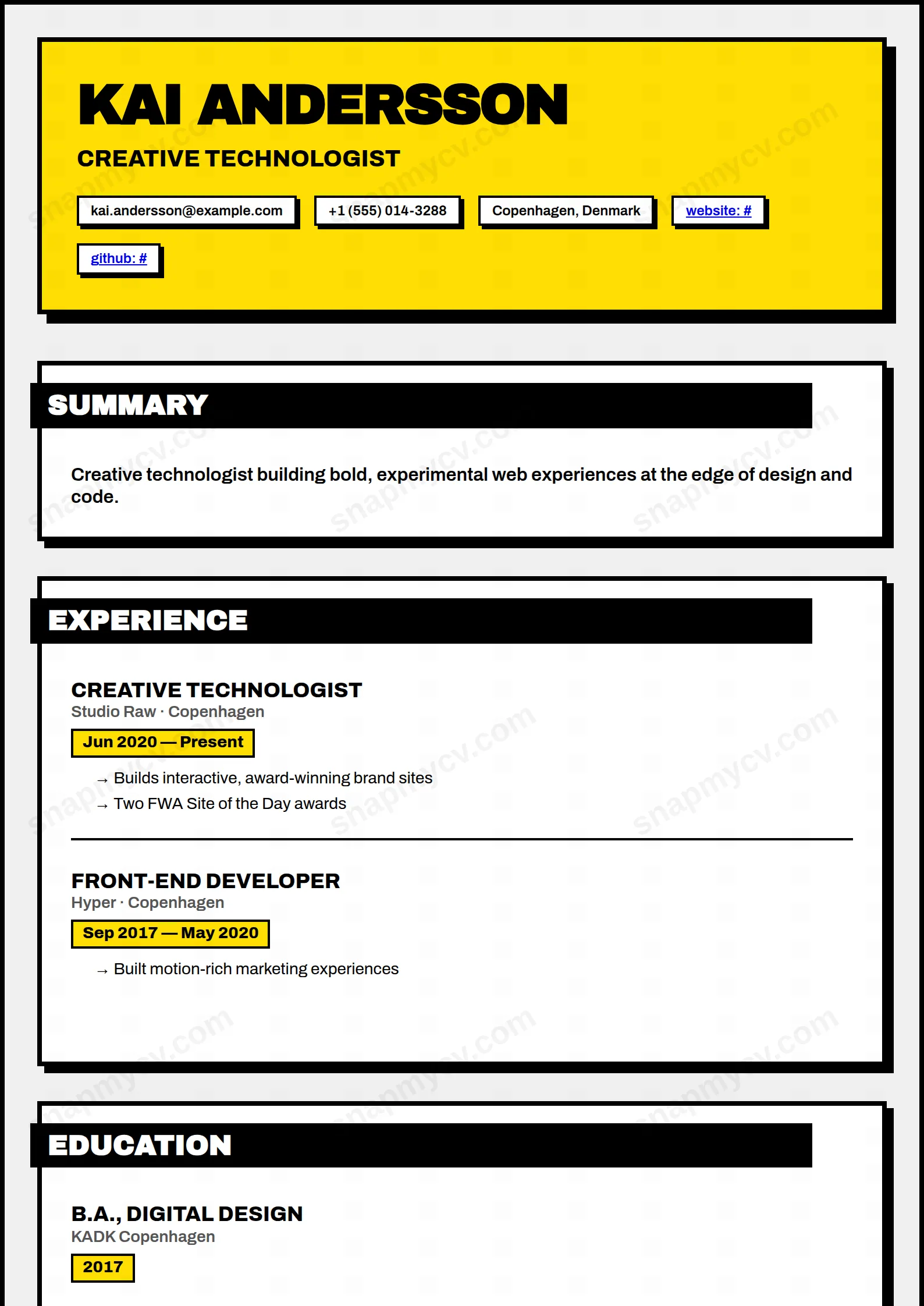 Neo Brutalist CV template preview