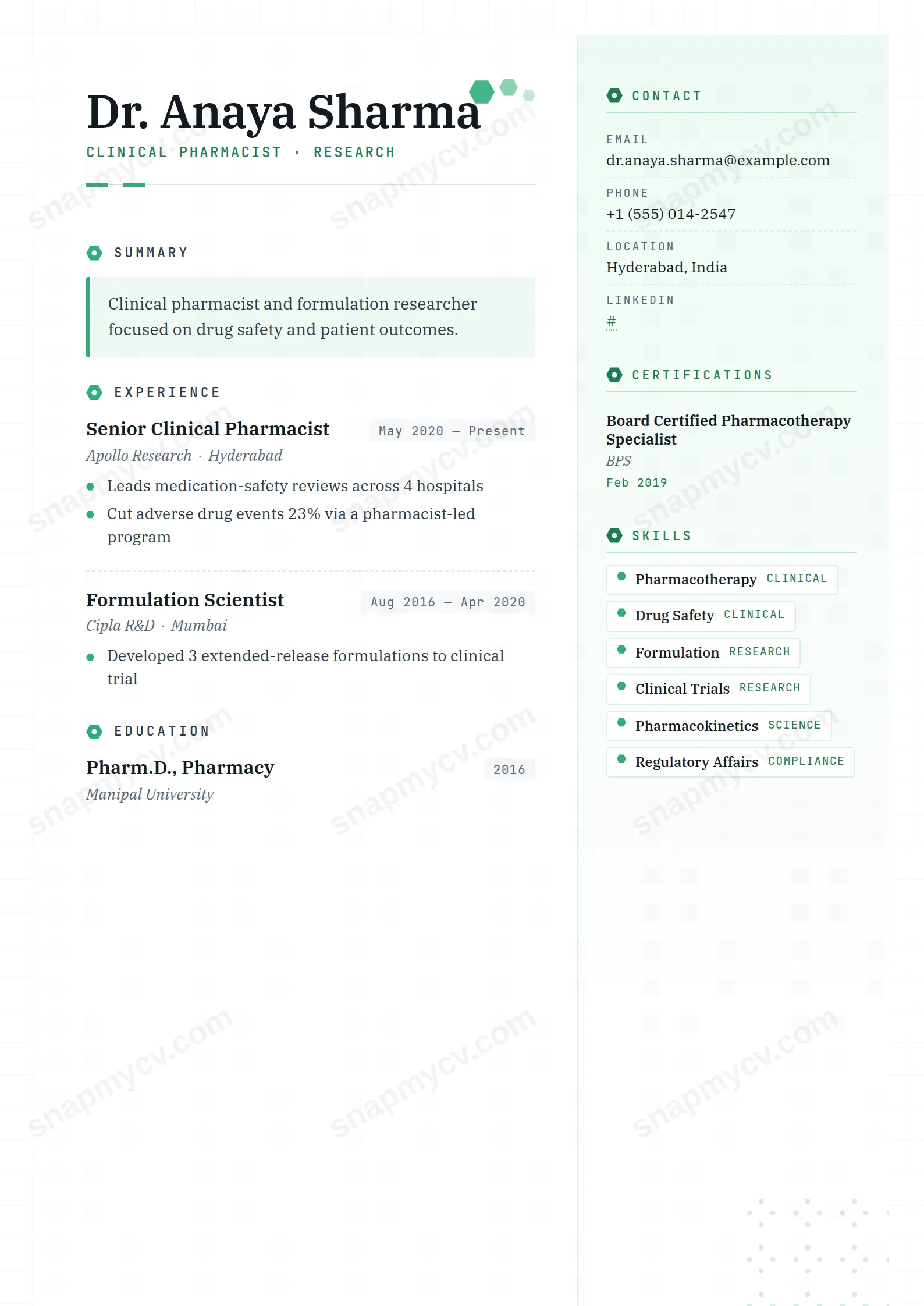 Pharma Lab CV template preview