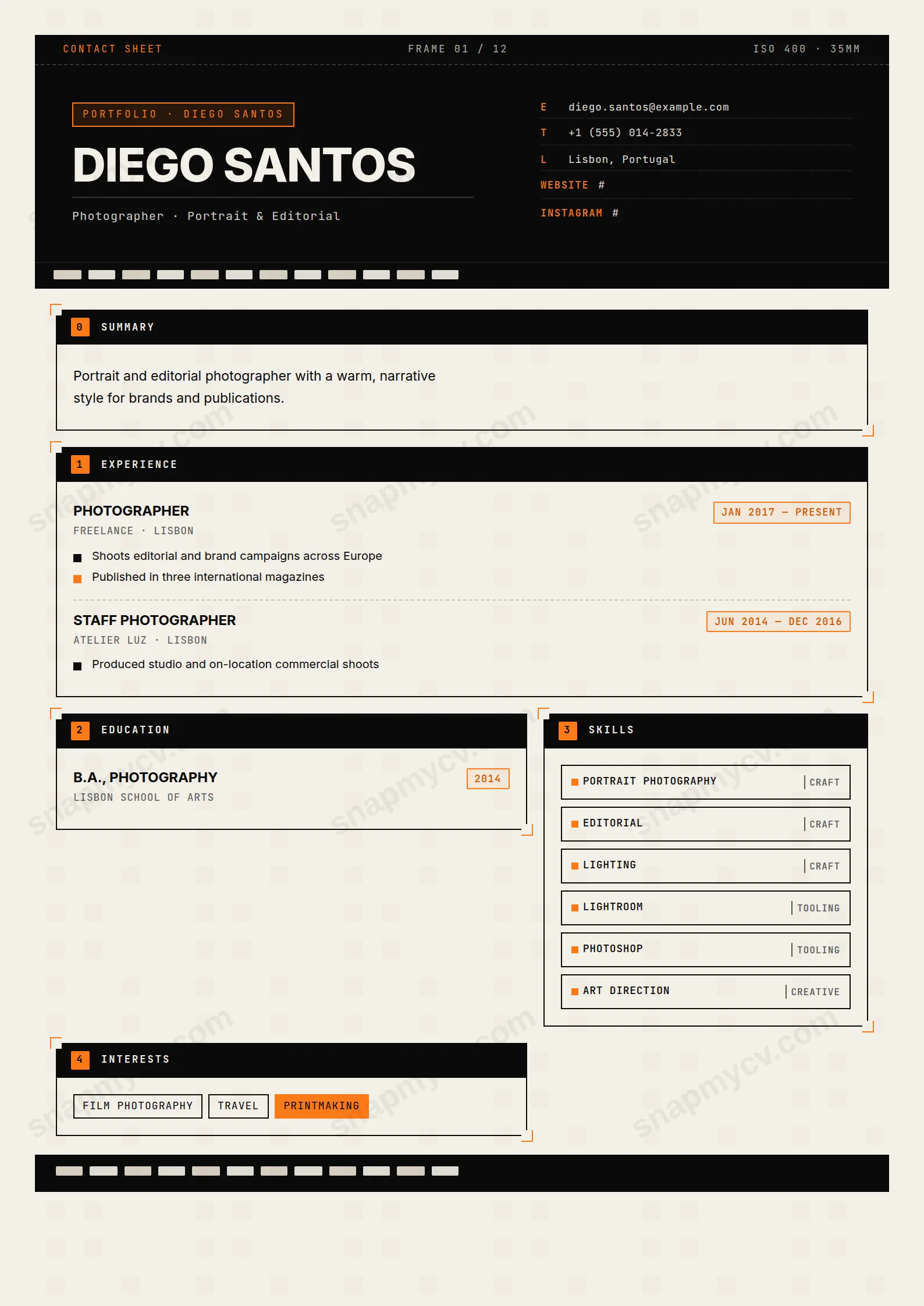 Photographer CV template preview