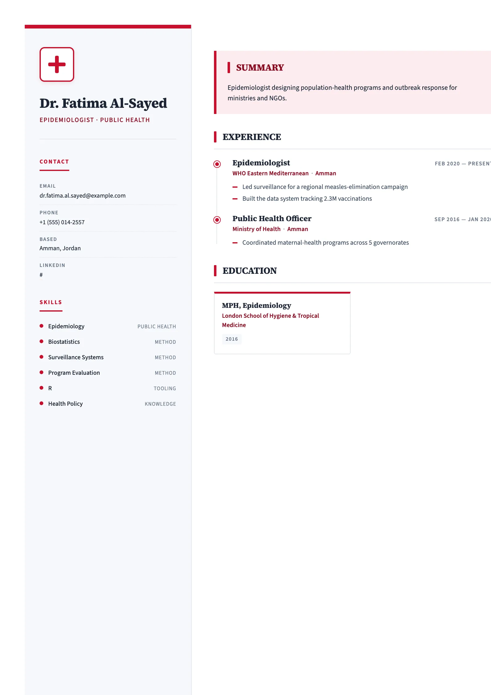 Public Health CV template preview