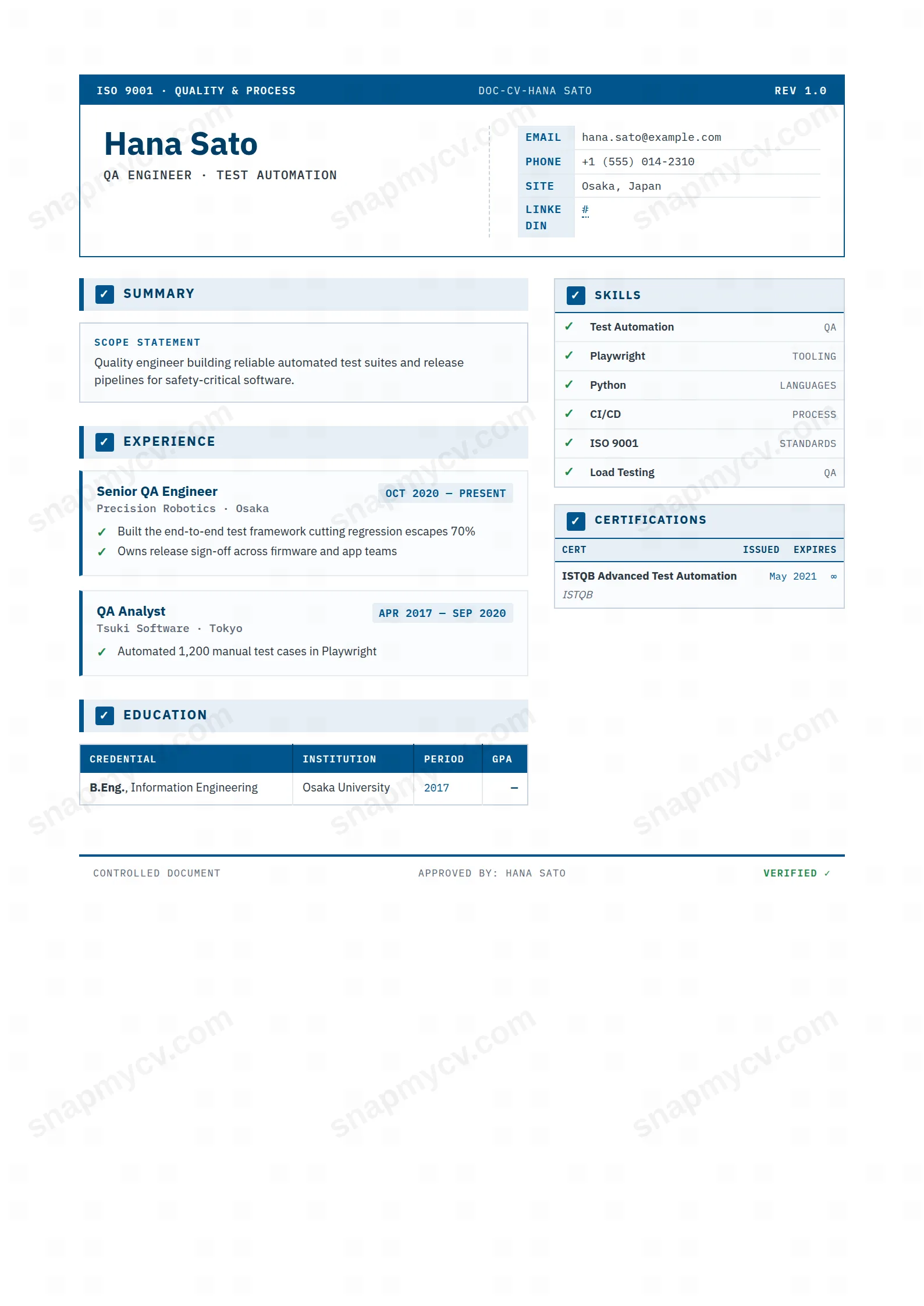 QA Engineer CV template preview