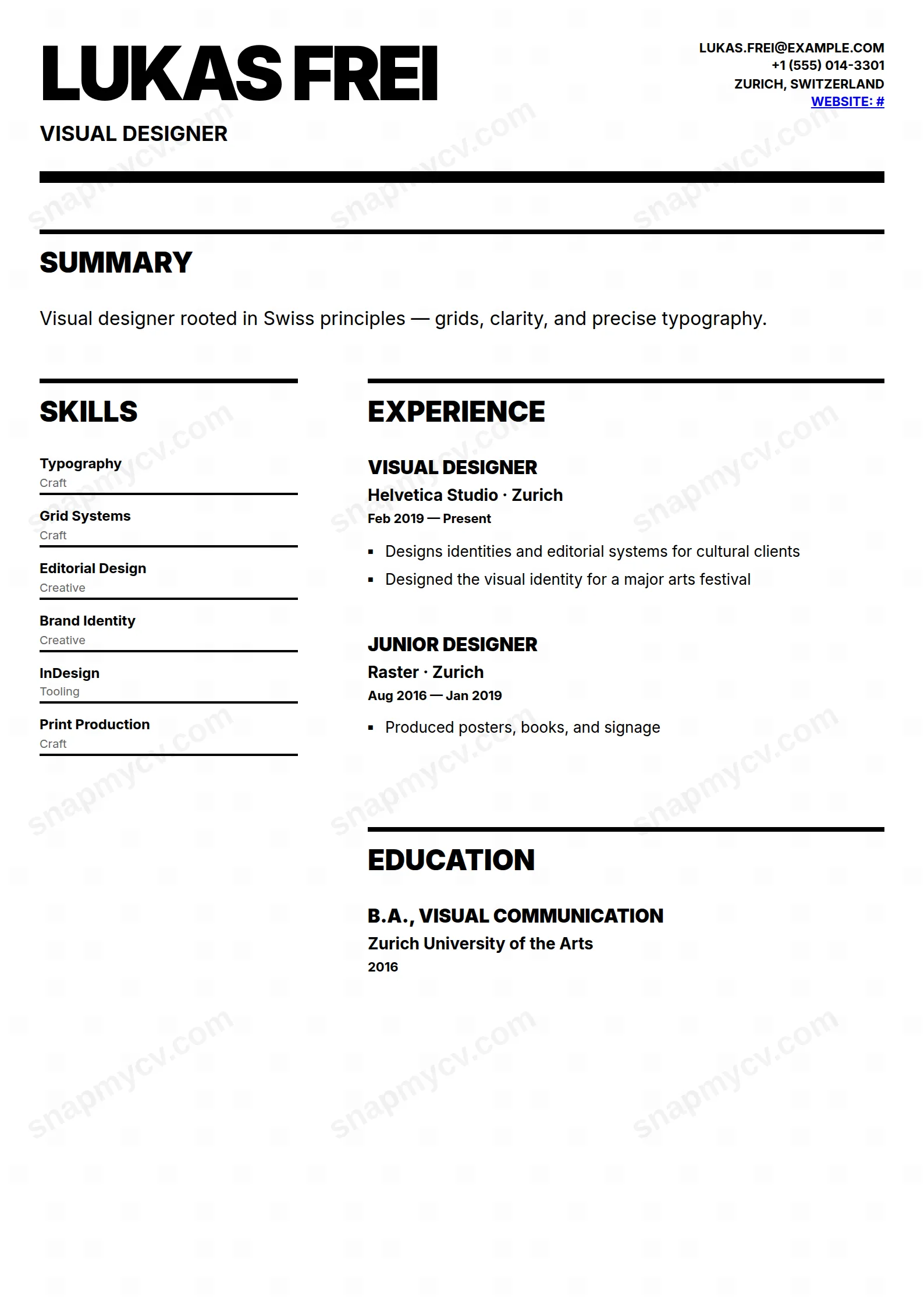 Swiss Style CV template preview