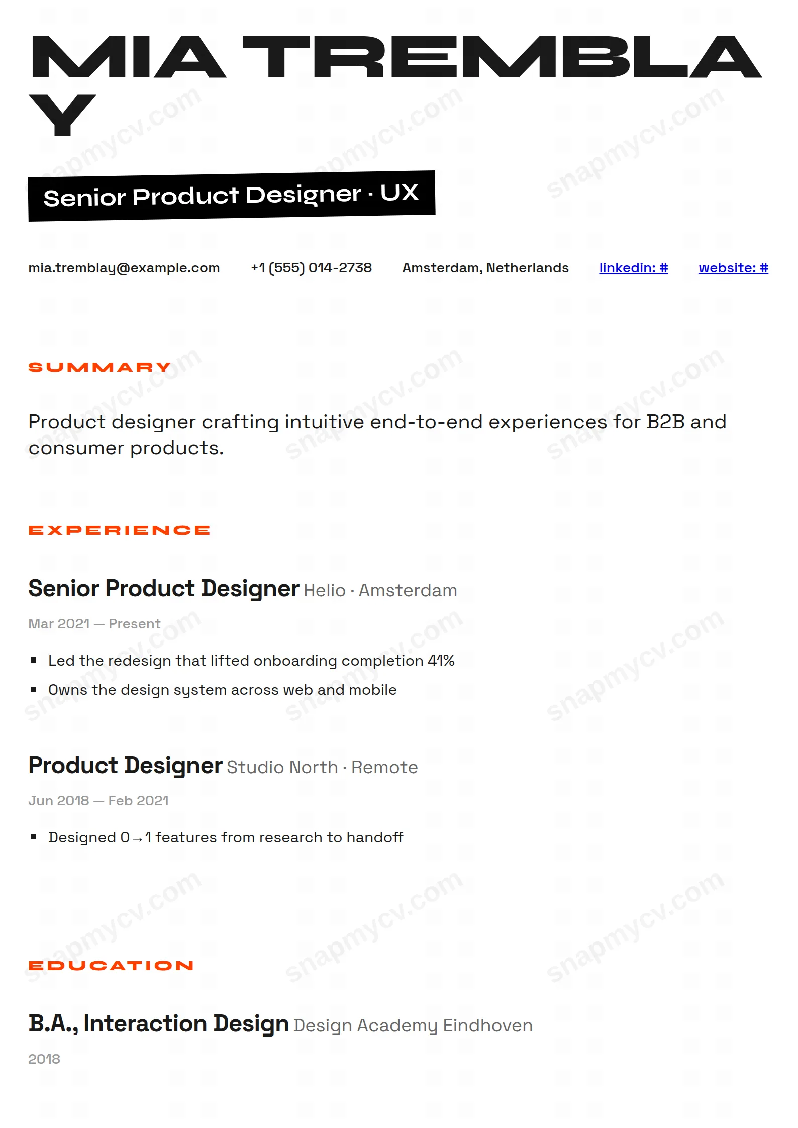 The Designer CV template preview