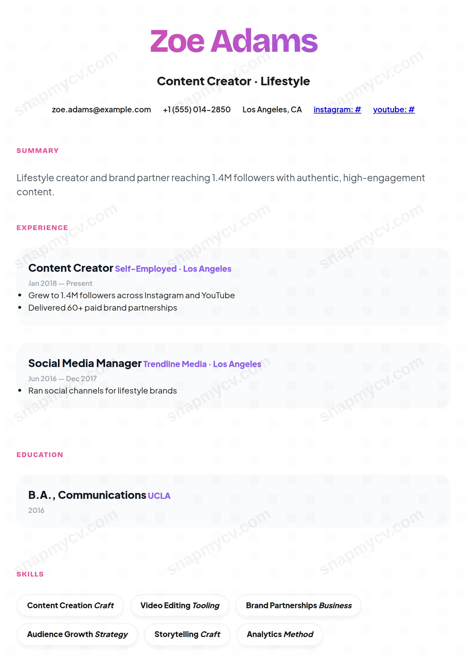 The Influencer CV template preview