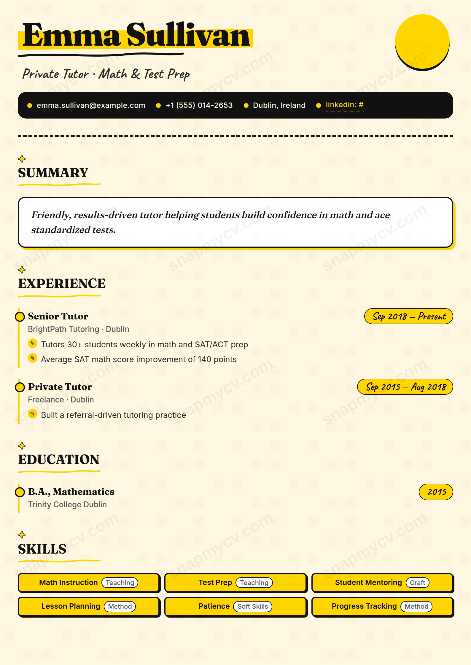 Tutor Bright CV template preview
