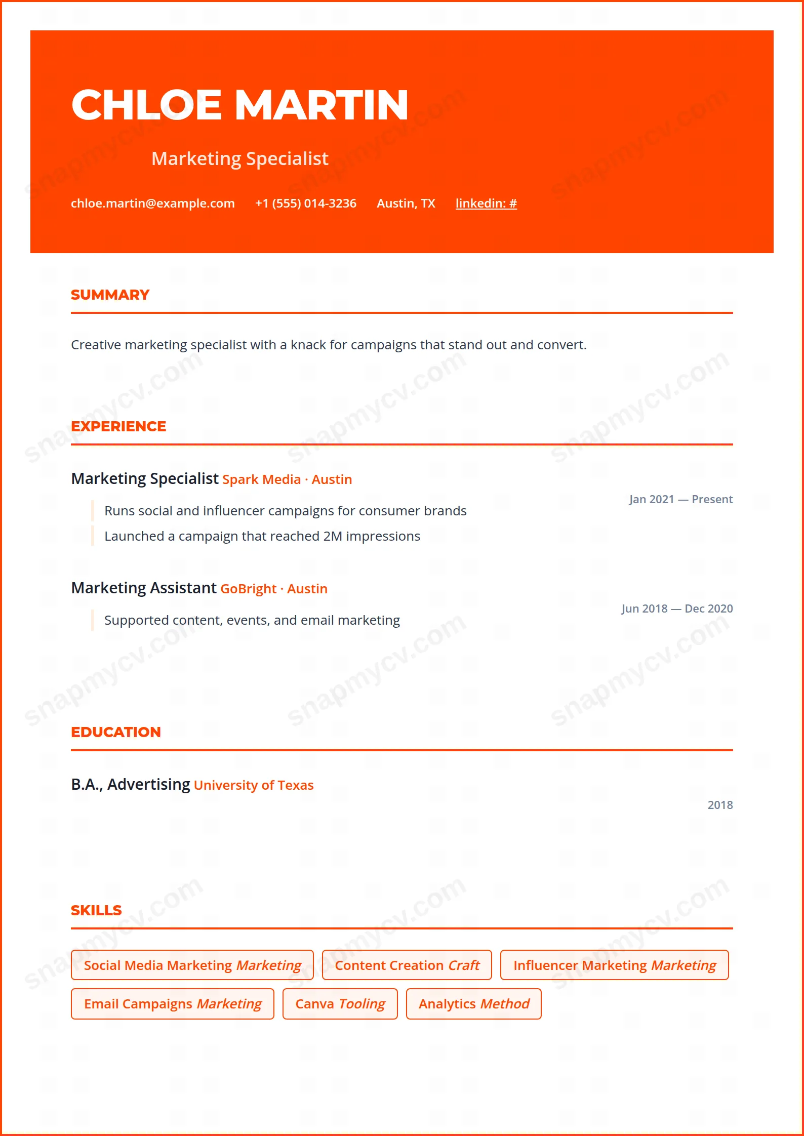 Vibrant Orange CV template preview