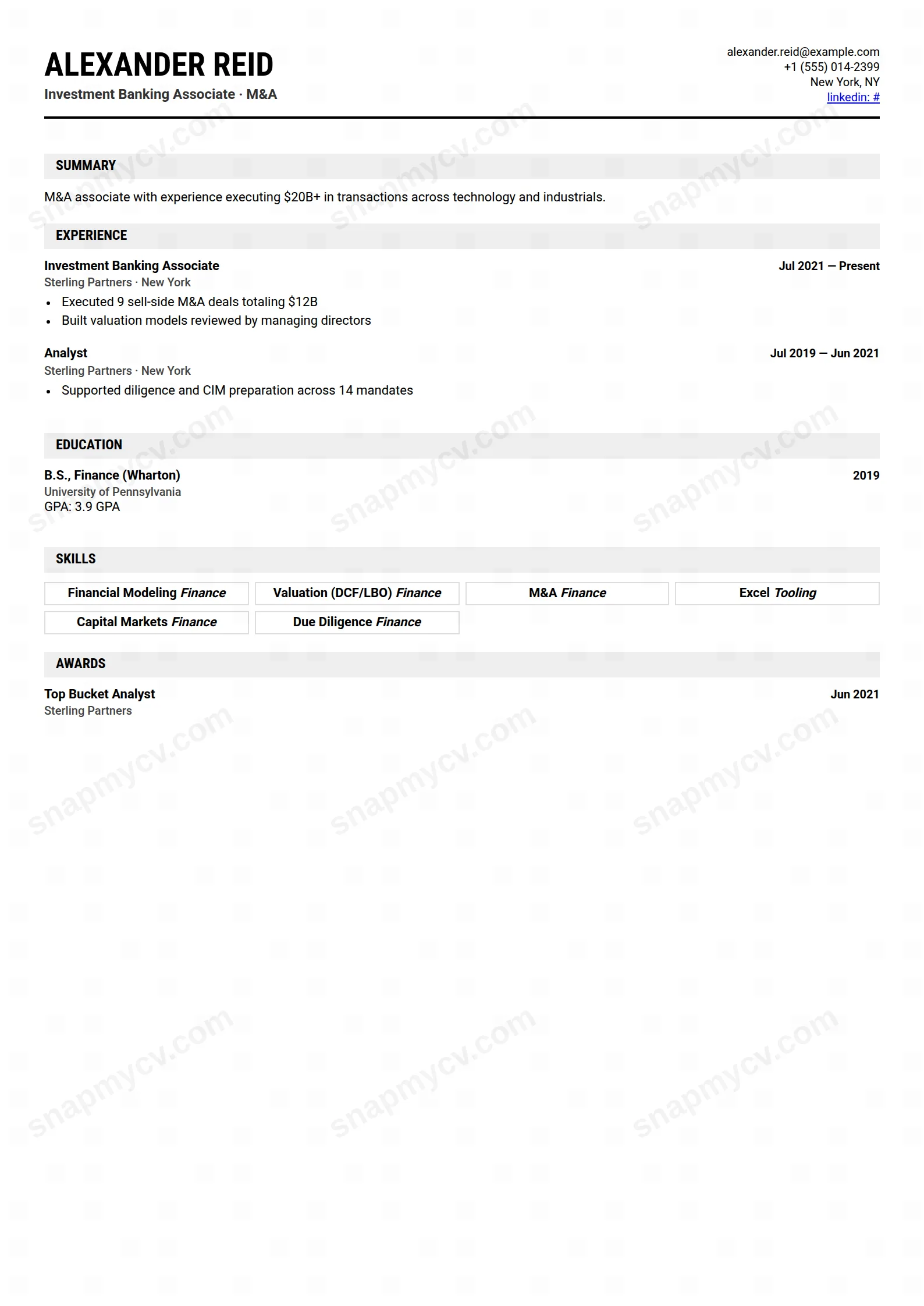 Wall Street CV template preview